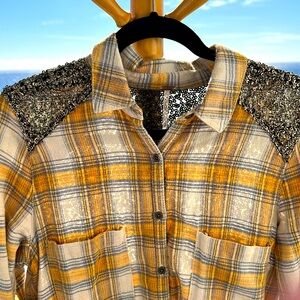 FREE PEOPLE Yellow and Blue Plaid Shirt with Sequin Accents